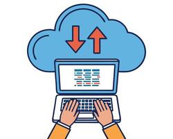 Cloud computing and data transfer process depicted with laptop and upload download arrows vector