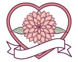 Pink dahlia flower heart with banner and leaves perfect for greeting cards and designs vector