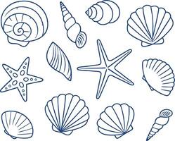Hand-drawn illustration of various seashells and a starfish featuring simple outline design on white background vector