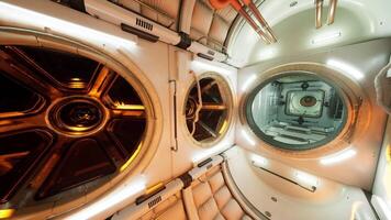 CGI Interior of a futuristic space station with equipment and observation windows video