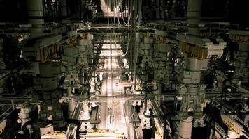 CGI Complex industrial machinery in a large factory during nighttime operations video