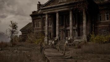 CGI Old mansion stands abandoned in an overgrown landscape with cloudy sky video