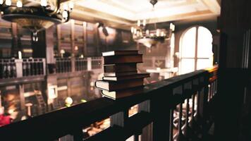 CGI Old library interior with stacked books on a wooden railing video