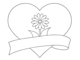 Simple black and white illustration of a heart flower with ribbon emblem for greetings vector