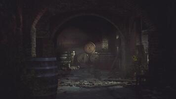 CGI Mysterious underground cellar with barrels and dim lighting video