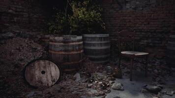 CGI Wooden barrels and a chair in a dimly lit indoor setting with rubble video