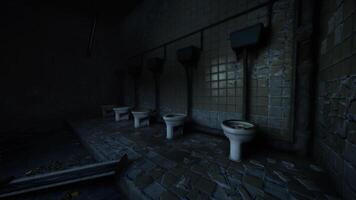 CGI Bathroom setting with multiple toilets in a dimly lit space video