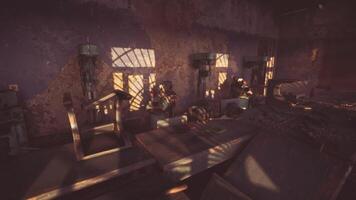CGI Workshop with sunlight casting shadows on tools and machinery video