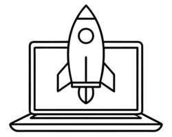 Laptop computer with rocket launching represents business startup success online and technological progress. vector