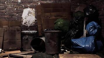 CGI Dim basement corner cluttered with trash bags and boxes video