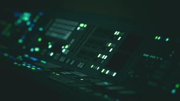 CGI Advanced sci fi laboratory control panel with glowing lights at night video