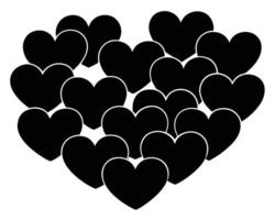 A collection of black heart shapes overlapping to form a unified loving symbol on white background. vector