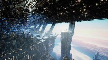 CGI Futuristic sky city showcasing advanced architecture and technology at dusk video