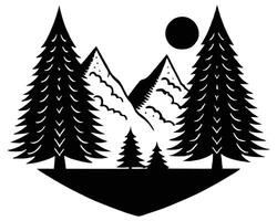 Silhouette illustration of a scenic mountain landscape with pine trees and the sun in monochrome vector