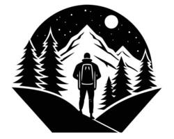Silhouette of a hiker standing in the mountains under a night sky with moon and stars vector