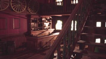 CGI Inside a historic saloon with wooden decor and a staircase during golden hour video