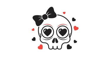 Skull with bow and love hearts illustration for print on demand t-shirts vector