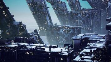 CGI Futuristic cityscape with towering structures in the vibrant sky video