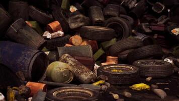 CGI A disordered heap of discarded tires and waste materials in an urban setting video