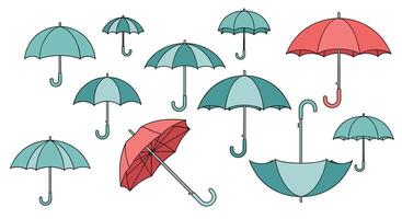 A Collection of Teal and Red Umbrellas Protecting From Sun and Rain Showers vector