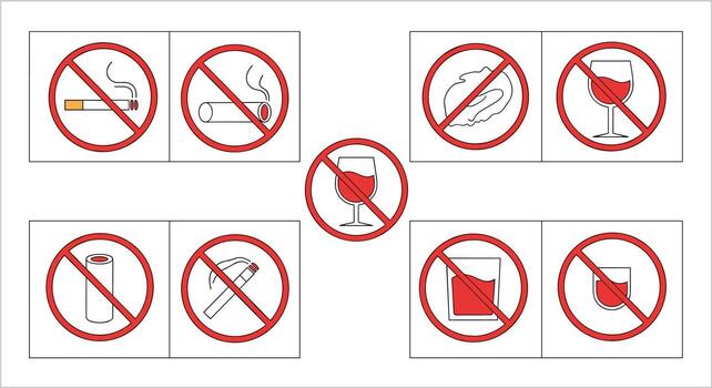 Signage of Multiple Prohibition Icons Representing Restricted Activities and Items for Specific Locations vector