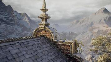 CGI Mountain landscape view from the rooftop of a historic building video