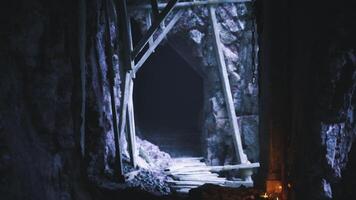 CGI Dark tunnel with wooden supports and soft lighting in an underground cave video
