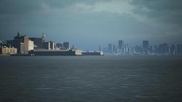 CGI View of a city skyline against a cloudy backdrop near the waterfront at dusk video
