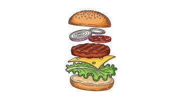 A Delicious Exploded View of a Classic Burger with Fresh Ingredients Layered vector