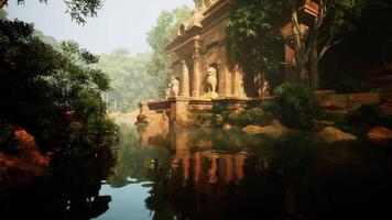 CGI Lake Surrounded by Trees, Ancient Temple in Background video