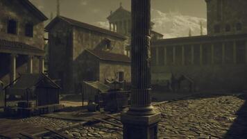 CGI Ancient marketplace with stone pathways and towering structures at dawn video