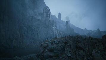 CGI Ancient ruins shrouded in mist with rugged cliffs and dark waters video