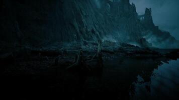CGI Dark and moody landscape with ancient ruins reflected in still water video