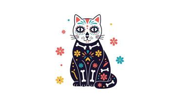 A Pixelated Day of the Dead Cat with Floral and Skeletal Decorations vector