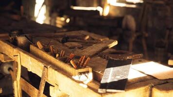 CGI Rustic workshop with tools and wood surfaces in warm sunlight video
