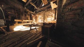 CGI Woodworking workshop filled with sunlight and tools in an old building video