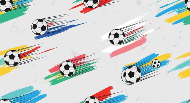 Dynamic Soccer Balls Seamless Pattern Design Featuring Abstract Colorful Paintbrush Strokes Background Illustration vector