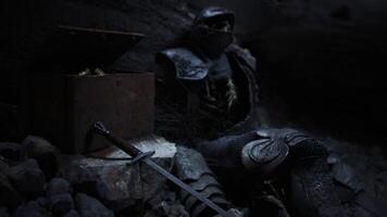 CGI Knight resting in a cave near treasure chest as shadows loom video
