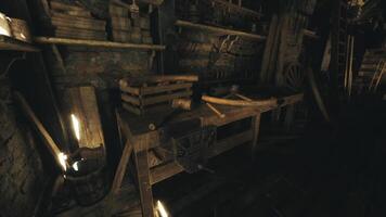 CGI Workbench in a dimly lit workshop with tools and wooden crates video