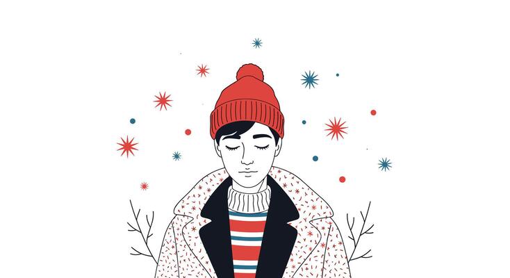Winter Portrait Illustration of a Young Person Surrounded by a Snowfall of Stars
