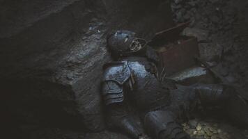 CGI Dead knight discovered in a dark cave with hidden treasure and ancient relics video