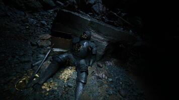 CGI Dead knight discovered in a dark cave with treasure and eerie ambiance video
