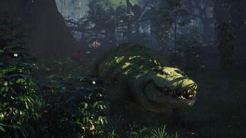 CGI Crocodile lurking in a dense rainforest at dawn reveals its wild nature video