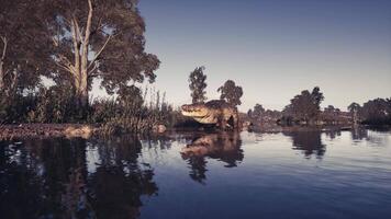CGI Crocodile resting near the water at twilight in a serene landscape video