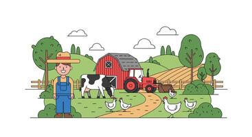 A Cartoon Farmer Standing on a Farm with Animals Barn Tractor and Trees vector
