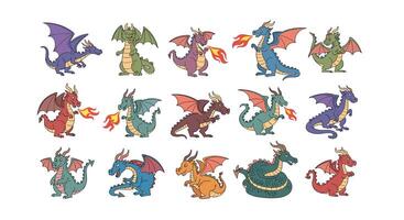A Pixelated Dragon Collection Displaying Variety of Colors Shapes and Designs with Fire vector