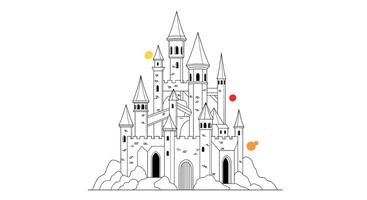 Majestic Fortified Castle Nestled on a Mountainous Terrain with Colorful Floating Orbs vector