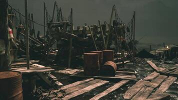 CGI Abandoned fishing pier at night with barrels and broken structures video