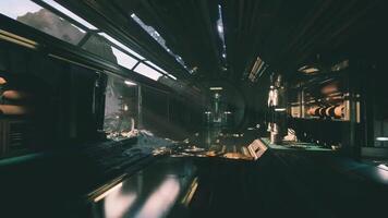 CGI Mysterious abandoned spacecraft interior with dim lighting and debris video
