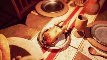 CGI A rustic dining table featuring various food and drink options for a feast video